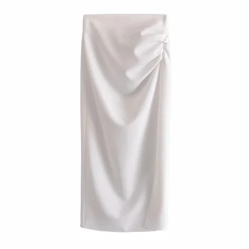 TRAF Za Mulheres Ruched Saias Verão 2021 Branco Saia Longa de Mulheres de Saia Lápis de Cintura Alta Basic Elegante Fenda de Moda de Saias Midi
