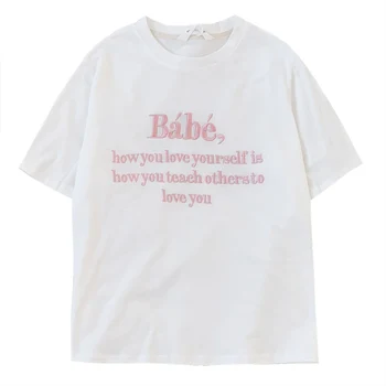 Três-dimensional do bordado da letra de verão em torno do pescoço solto selvagem de manga curta T-shirt