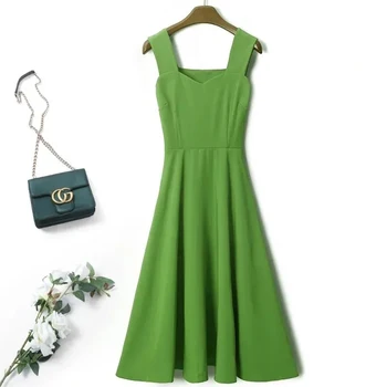 Verão plus size sem mangas sexy slim midi vestido coreano moda verde com decote em v vestidos vintage para mulheres 2021 férias roupas