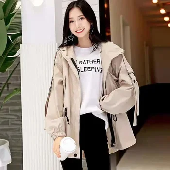Vestuário de trabalho Blusão de Mulheres de Comprimento Médio Jaqueta de 2021 Novo Estudante de Hong Kong Estilo Frouxo Capuz Lace-Up Pequena Fêmea de Pelagem L41