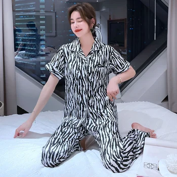 2021 Verão de Manga Curta, Calça comprida de Cetim de Seda do Pijama Conjuntos para as Mulheres dos desenhos animados de Impressão de Zebra Pijamas Homewear Pijamas Mujer Roupas