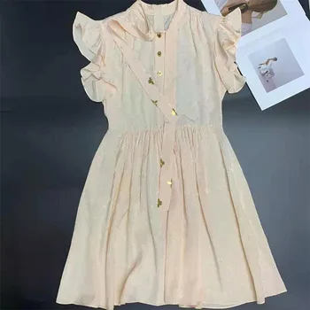 2021 Verão Vestido da Mulher Botão Letra Impressa Qualidade do Hign Suave de Uma Linha de Vestido de Laço Bonito Vestido Peplum
