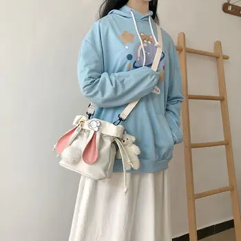 Cartoon Bucket Bag Saco De Lona Escola Coreano Versátil Único Saco De Ombro Linda Garota Com Painéis De Cordão Sólido Saco
