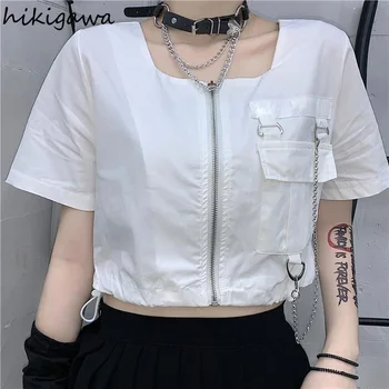 Hikigawa de Roupas femininas Curto Gótico Plus Size Blusas Mujer De Verão Hip Hop Sólido Camisas coreano Blusas de Gola Quadrada Tops