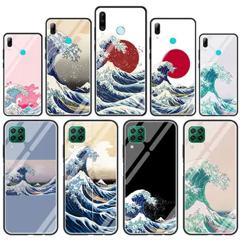 Japão Onda do Mar Oceano Kanagawa de Vidro Caso de Telefone Huawei P30 P40 Pro P20 Lite P Smart Z Y6 Y9 Y7 2019 para Honra 9 X 20 8X Tampa