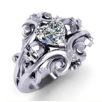 Luxo Oco do Coração Flor Caveira de Cristal Anéis de Casamento para as Mulheres, Moda, Cor de Prata Esqueleto Anel de Noivado de Punk Rock de Jóias