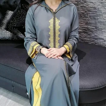 Mulheres De Grandes Dimensões Pulôver Vestido Vintage Gery Estampa Floral Zíper Capuz Senhoras Casual Muçulmano Manto De Dubai Manga Longa Vestido Maxi