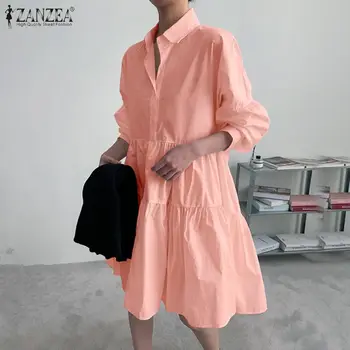 Mulheres de Primavera do Sundress ZANZEA 2021 Elegante Sólido Camisa de Vestido Casual Lapela Plissado Vestidos Femininos Botão Manto Femme