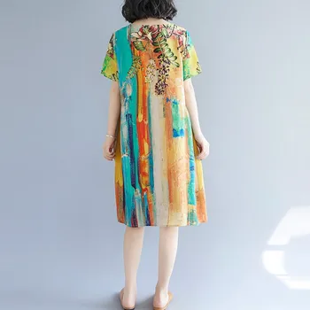 Mulheres de Verão Vestido Casual Nova Chegada 2021 Estilo Vintage O-pescoço estampa Floral Confortável Solto Feminino Joelho-comprimento Vestidos de B160