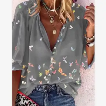 Mulheres Tops De Verão 2021 De Pescoço De V Casual Senhoras Blusa Borboleta Botões De Impressão De T-Shirt Feminina Tops, Blusas Para Mulheres