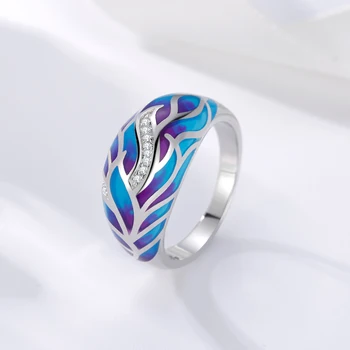 OGULEE Prata 925 Anéis de Skinny Micro Pave CZ Artesanal Esmalte Azul Penas de Moda as Mulheres Jewerly Festa de Casamento de Luxo, Grandes Anéis