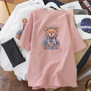 T-shirt Feminina 2021 Verão De Puro Algodão de manga Curta de Impressão Urso Versão coreana Mulher Top Fofo Tee