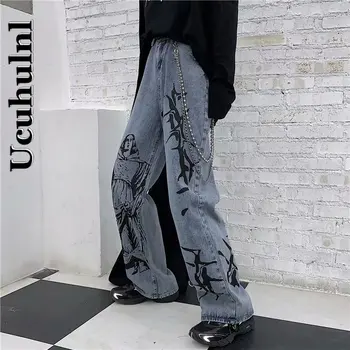 Ucuhulnl 2021 Nova Moda de Verão Ins de Rua, Hip-hop Impressão de Lavagem de Jeans Solto e Casual Jeans Wide Leg Pants da Maré Mulher