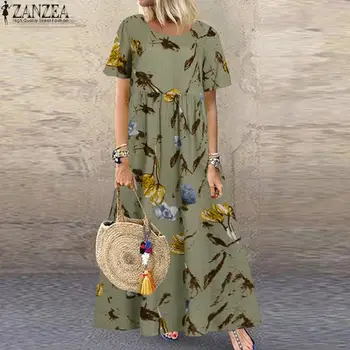 Vestido de verão das Mulheres da Boêmia com estampa Floral e Maxi Longo Sundress ZANZEA Vintage Manga Curta Soltas de Praia Vestidos de Kaftan Manto Femme