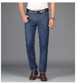 W094-2020 verão de novos negócios jeans solta tubo em linha reta calças de brim dos homens de calças de tecido Tencel casual calças dos homens