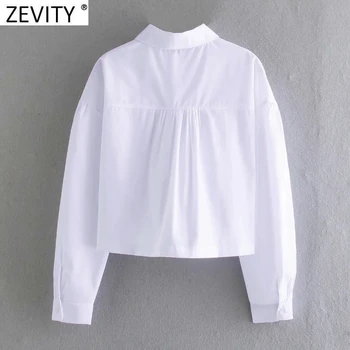Zevity Mulheres da Moda Bolsos Duplos Patch Casual Avental Blusa Senhora do Escritório Breasted Curto Camisas Chique de Negócios Blusas, Tops LS9036