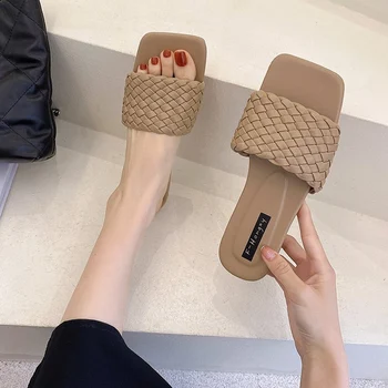 2021 Mulheres de Tecido, Chinelos Mulheres Slides Mulher Moda Dedo do pé Quadrado Sandálias Femininas de Exterior Calçado de Praia de Verão de Sapatos de Senhoras