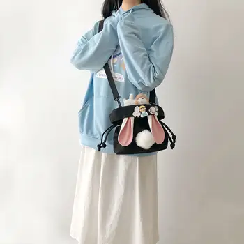 Cartoon Bucket Bag Saco De Lona Escola Coreano Versátil Único Saco De Ombro Linda Garota Com Painéis De Cordão Sólido Saco