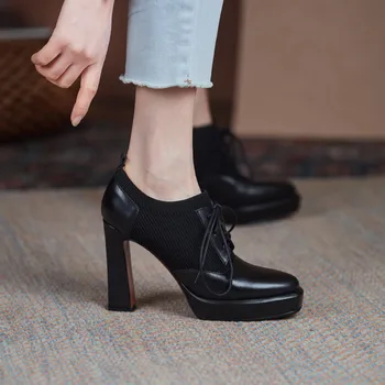 FEDONAS Cruz Amarrados de Salto Alto Bombas Para Mulheres de Couro Genuíno Plataforma de Dedo do pé Quadrado Mulheres Sapatos de Trabalho Básico do Office Sapatos de Senhora