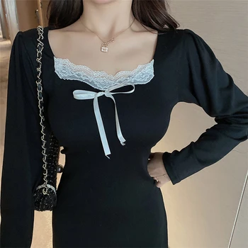 Fêmea preta mini hip vestido de renda arco sexy dividir bodycon senhoras Lolita praça gola manga longa de cintura alta elegante vestido vestido