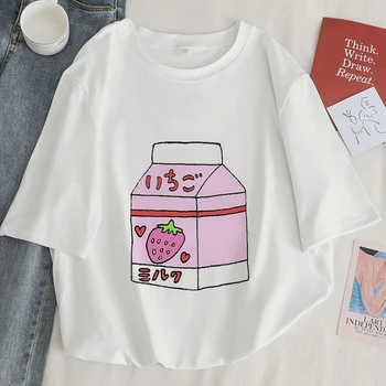 Japão Suco de Morango Impressão Gráfica as Mulheres Tops, T-camisa Casual senhoras base O-colar-de-Rosa de Manga Curta T-shirt Menina,o Navio da Gota