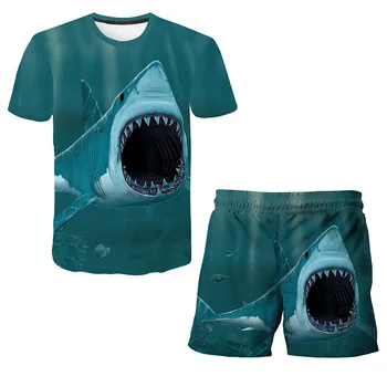 Lobo Camiseta+Shorts 2 Pcs Ternos Dinossauro Tubarão T-Shirt De Crianças Meninos Meninas Rapazes Raparigas Roupas Animal Camisa De T De Crianças Conjunto De Roupas De 4 A 14 Anos