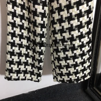 Luxo Designer 2021 verão High-End Tweed, Tecido de Cintura Alta Wide Leg Pants streetwear calças para mulheres Solta Grande Perna de Calças de mulher