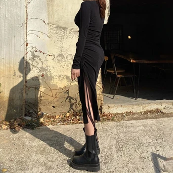 Malha com nervuras, Ruched Vestidos de Preto Para Mulheres Chiques 2021Casual O-Pescoço Longo da Luva Bodycon Lado de Divisão Vestido Básico Feminino Streetwear