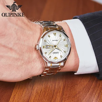 Marca suíça OUPINKE Homens Luxo Relógios Relógio Automático de Mens do Aço de Tungstênio Impermeável 5ATM Negócios relógio de Pulso Mecânico 3169