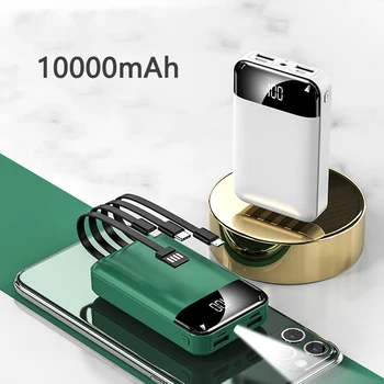Mini Banco do Poder de 10000 mAh-carregador Portátil PowerBank Construído em 4 Cabos PoverBank Carregador de Bateria Externa Para o Xiaomi Mi iPhone