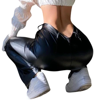 Moda das Mulheres Slim Grande perna de Calça Adultos Cintura Alta Elástico PU de Couro e Calças com Bolsos Feminino Streetwear