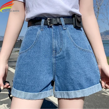 Novo 2021 Verão Shorts Jeans Mulheres Livres Cinto De Cintura Alta Azul Bege Preto Engaste Bolsos Wide Leg Jeans Curto Femme Venda Quente