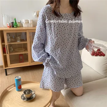 Qweek Mulheres Pijamas de Algodão de Casa de Terno Pijamas de Verão 2021 coreano Pijamas Pijamas Botões de Impressão Pj Conjunto Kawaii Homewear