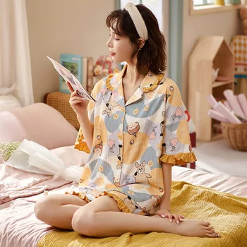 SLPBELY Mulheres Pijama Conjunto de Pijamas de Verão Doce Impresso Manga Curta Pijama Lindo Pijamas de Algodão de Pijamas, Pijamas Loungewear