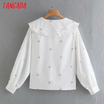 Tangada Mulheres Retro Impressão de Flores de tamanho grande Gola de Camisa de Manga Longa 2021 Chic Feminino Blusa Branca Camisa Tops XN291