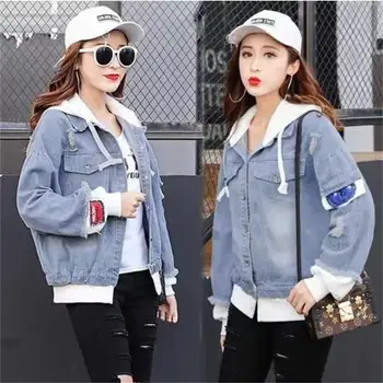 Vintage Denim das Mulheres Jaqueta de Senhoras de Outono com Capuz Harajuku Jaquetas Jeans para Mulheres 2021 Nova coreano Rasgado Buraco Casual Básico Casaco