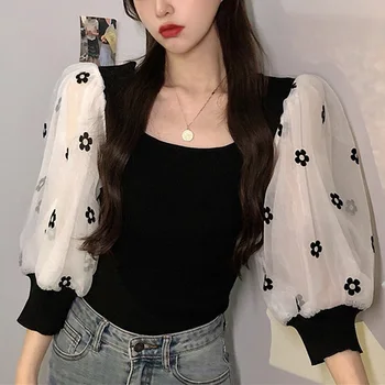 Vintage Patchwork Blusa Mulheres Puff Luva de Malha de Tops de Verão Chic coreano Blusas Plus Size Camisas Femininas blusas femme