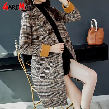 2021 Outono Inverno Casaco De Lã Mulheres Coreano Xadrez Longo Casaco De Senhoras Quente Elegante Moda Cashmere Vintage Cabo Casaco Feminino