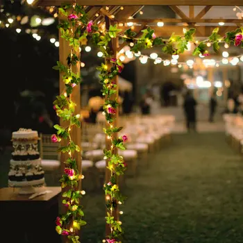 2M Rose Falso Creeper Folha Verde Com LED Seqüência de Luzes Para a Casa a Festa de Casamento de Pendurar a Guirlanda de Flores Artificiais