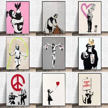 Conjunto De 9 Banksy Cartazes Imprime Imagens A Preto E Branco Graffiti Arte De Rua Tela De Pintura De Parede, Decoração De Sala De Estar Sem Moldura
