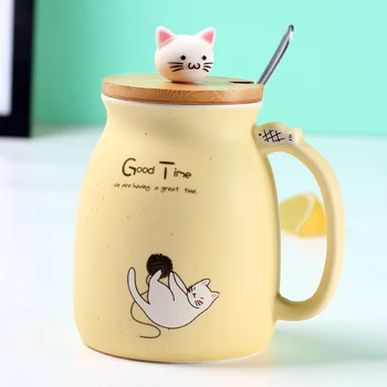 Cores criativas gato resistente ao calor Caneca de desenhos animados com tampa 450ml copa do gatinho de café canecas de cerâmica crianças copa do office Copos de presente