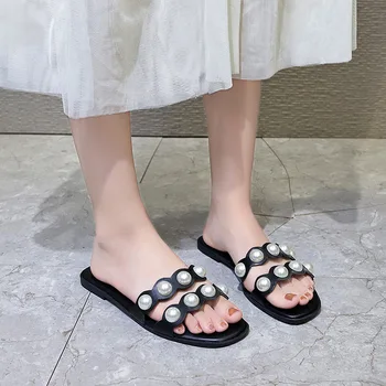 Primavera/verão das mulheres 2021 moda cor sólida plana sapatos sandálias de pérola, strass mulheres de todos-jogo casual, chinelos de quarto TX268