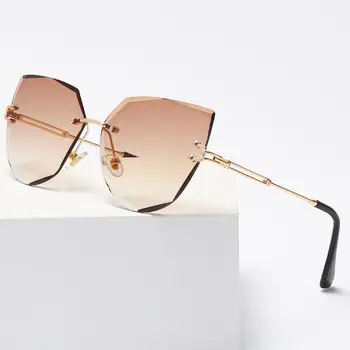 Sem aro, Óculos estilo Olho de Gato Mulheres Marca de Luxo de Liga de Design de Óculos de Sol Para mulheres de Corte da Lente UV400 Óculos Luneta De Soleil