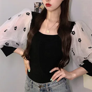 Vintage Patchwork Blusa Mulheres Puff Luva de Malha de Tops de Verão Chic coreano Blusas Plus Size Camisas Femininas blusas femme