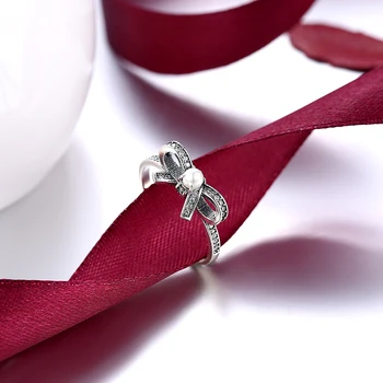 ZEMIOR Real 925 Prata Esterlina Vintage Bowknot Anéis de Mulheres 5A Cúbicos de Zircônia Com Elegante Imitação Anel de Pérola Jóias Finas