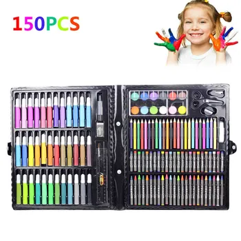 150 Pcs/Set Ferramenta de Desenho Kit com Caixa de Pintura a Pincel Arte Marcador de Água Colorida, lápis Crayon Kids Presente DIY Ferramenta de Desenho