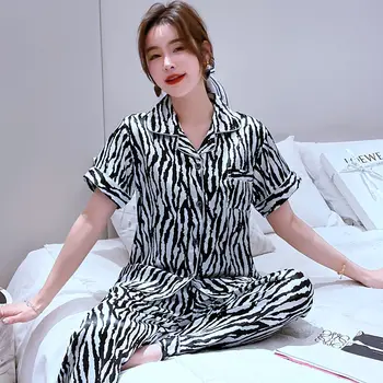 2021 Verão de Manga Curta, Calça comprida de Cetim de Seda do Pijama Conjuntos para as Mulheres dos desenhos animados de Impressão de Zebra Pijamas Homewear Pijamas Mujer Roupas