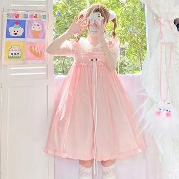 2021 Verão Japonês Doce Kawaii Lolita Empregada Vestido De Alça Vintage Macio Menina Boneca Princesa Plissado Mulheres Funda Vestido Cor-De-Rosa