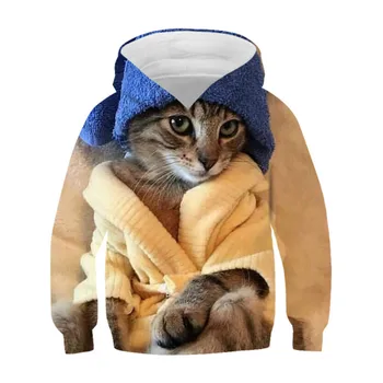 3D animal print com capuz manga longa camisola para meninos e meninas, casual, descontraído e confortável gato moletom, estilo de rua n