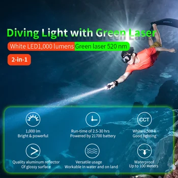 J2 Projectores laser Verde de mergulho lanterna 1000lumen mergulho luz de mergulho coaching comando do laser de luz Subaquática 100m de mergulho lâmpada